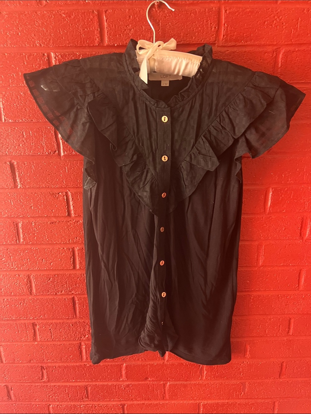 LOFT Black Ruffle Front Button Top